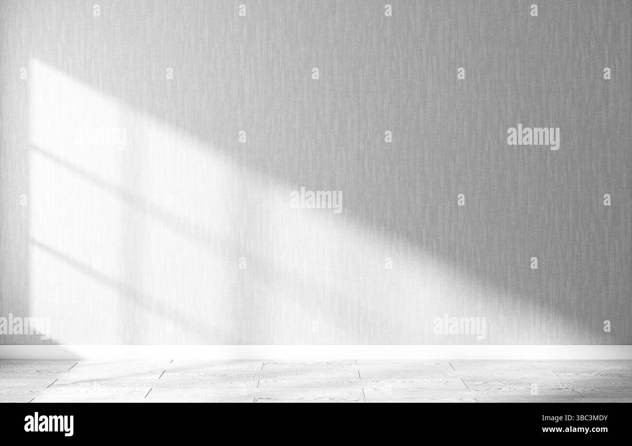 Stanza vuota con luce solare sulla parete, sfondo bianco e nero Foto Stock