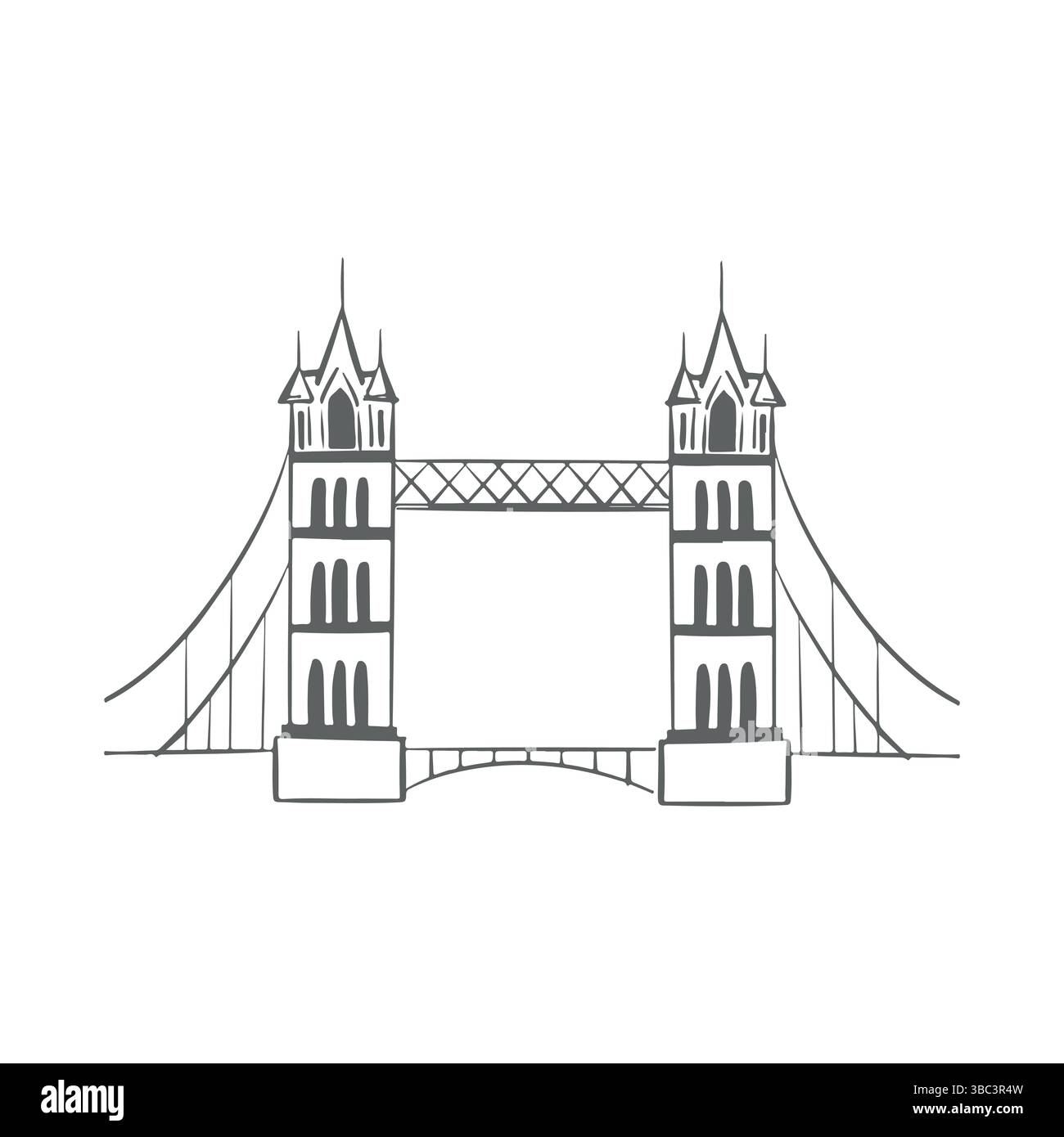 Tower Bridge di Londra, icona vettoriale. Illustrazione disegnata a mano di un monumento o di un'attrazione turistica su sfondo bianco. Viaggi, vacanze, visite turistiche, turismo. Illustrazione vettoriale Illustrazione Vettoriale