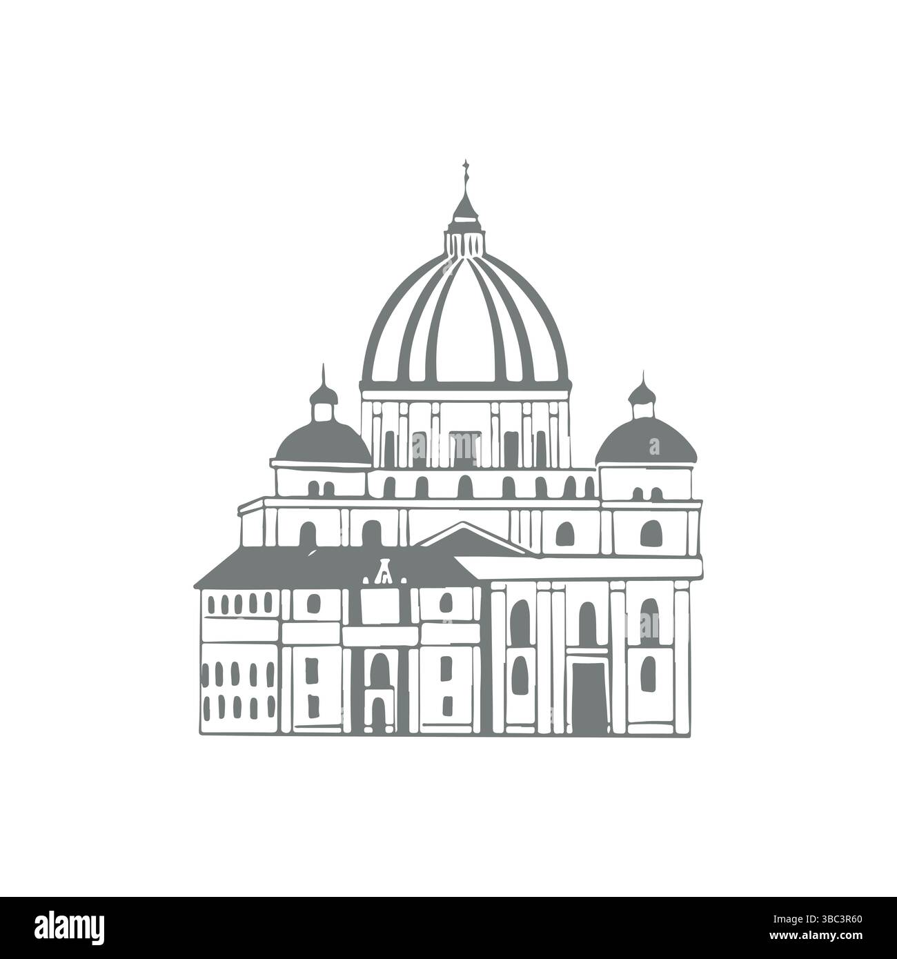 Basilica di San Pietro, Italia. Attrazioni di tutto il mondo. Punti di riferimento del mondo. Schizzo degli edifici. Delineare le illustrazioni vettoriali piatte isolate su bianco. Illustrazione vettoriale Illustrazione Vettoriale