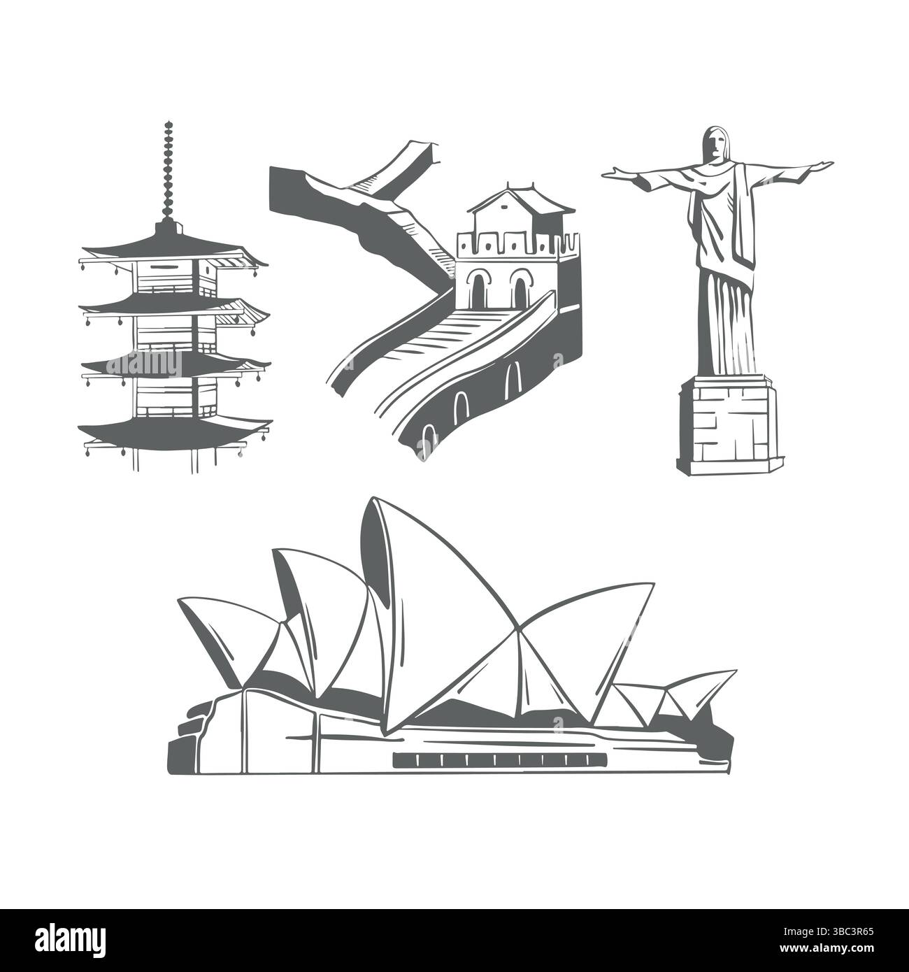 Attrazioni di tutto il mondo. Punti di riferimento del mondo. Schizzo degli edifici. Set di punti di riferimento di diversi paesi. Cristo Redentore, Teatro dell'Opera di Sydney, grande Muraglia Cinese, Pagoda Chureito. Delineare le illustrazioni vettoriali piatte isolate su bianco. Illustrazione vettoriale Illustrazione Vettoriale