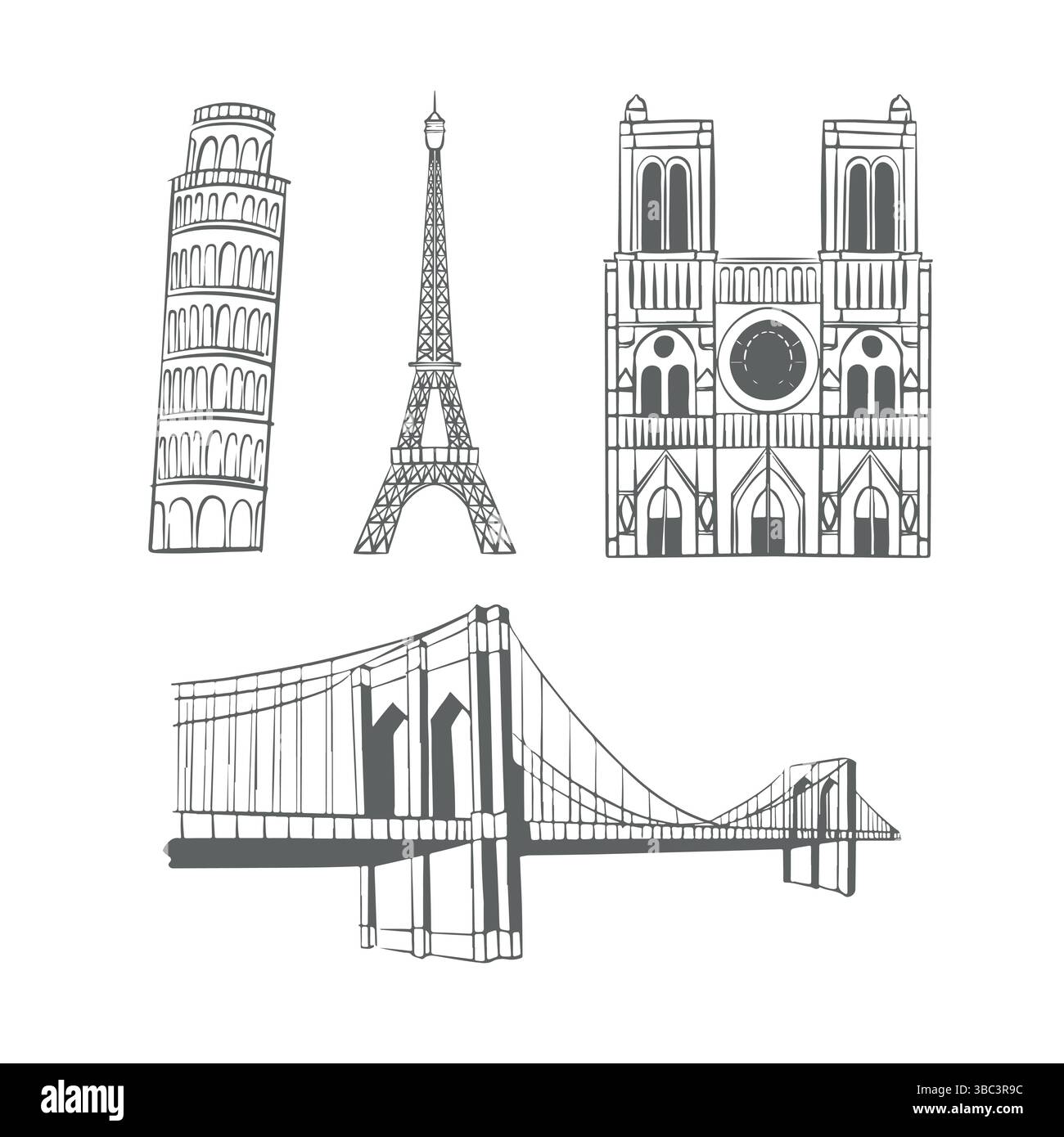 Attrazioni di tutto il mondo. Punti di riferimento del mondo. Schizzo degli edifici. Set di punti di riferimento di diversi paesi. Torre Eiffel, Notre Dame de Paris, Torre di Pisa, Ponte di Brooklyn. Delineare le illustrazioni vettoriali piatte isolate su bianco. Illustrazione vettoriale Illustrazione Vettoriale
