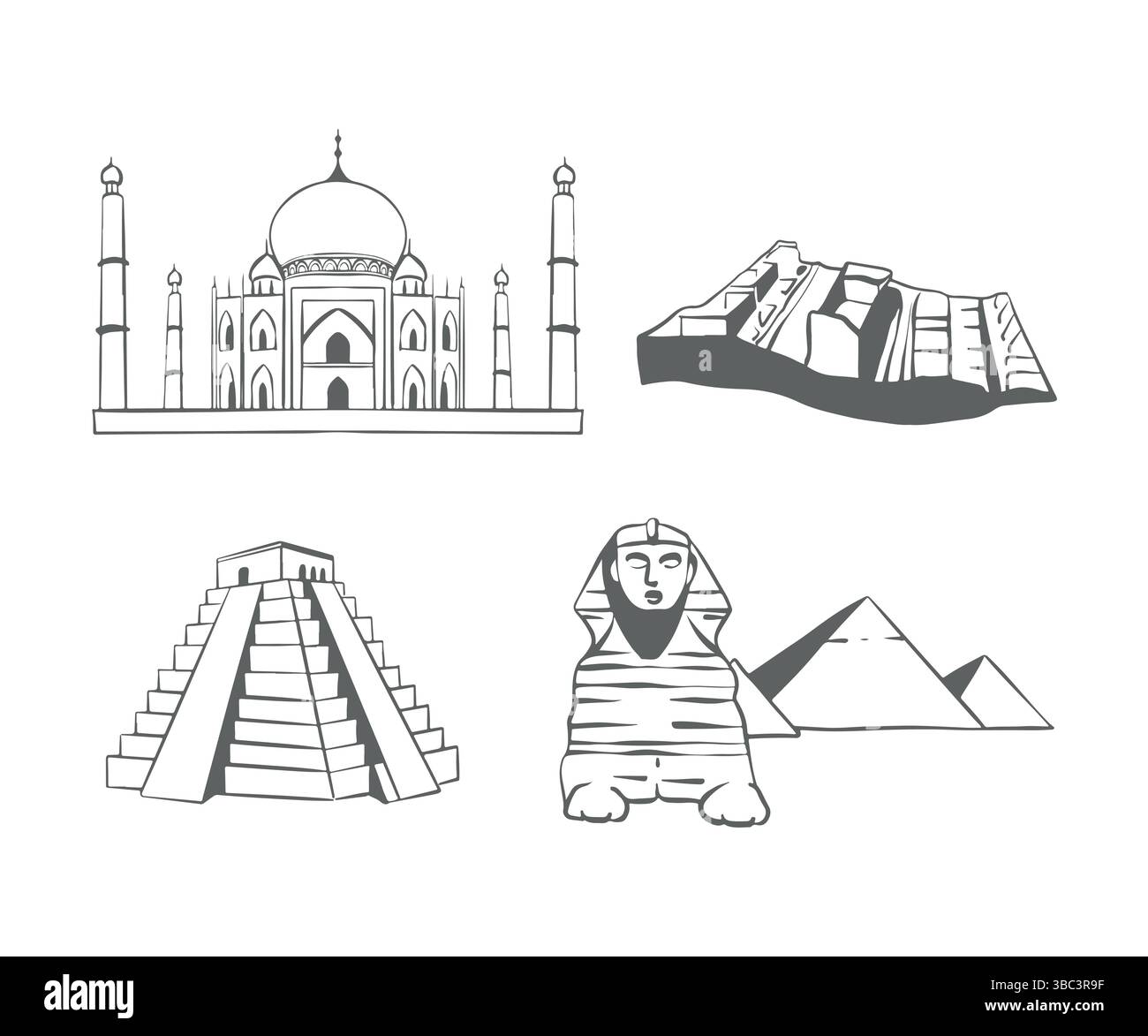 Attrazioni di tutto il mondo. Punti di riferimento del mondo. Schizzo degli edifici. Set di punti di riferimento di diversi paesi. Taj Mahal India, Sfinge e piramidi Egitto, Piramide di Teotihuacan Messico, Machu Picchu Perù. Delineare le illustrazioni vettoriali piatte isolate su bianco. Illustrazione vettoriale Illustrazione Vettoriale