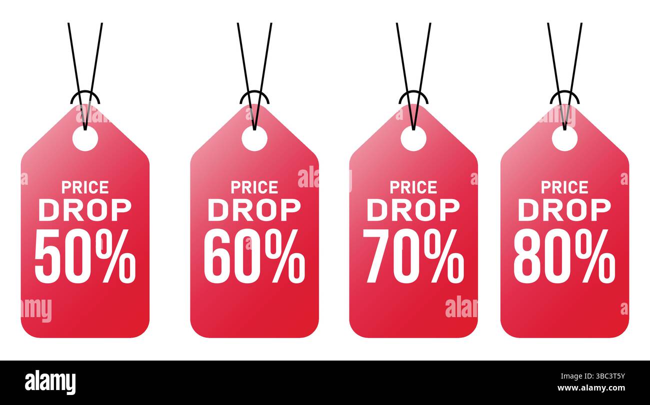 Tag di riduzione dei prezzi in rosso distintivi Starburst per la promozione Illustrazione Vettoriale