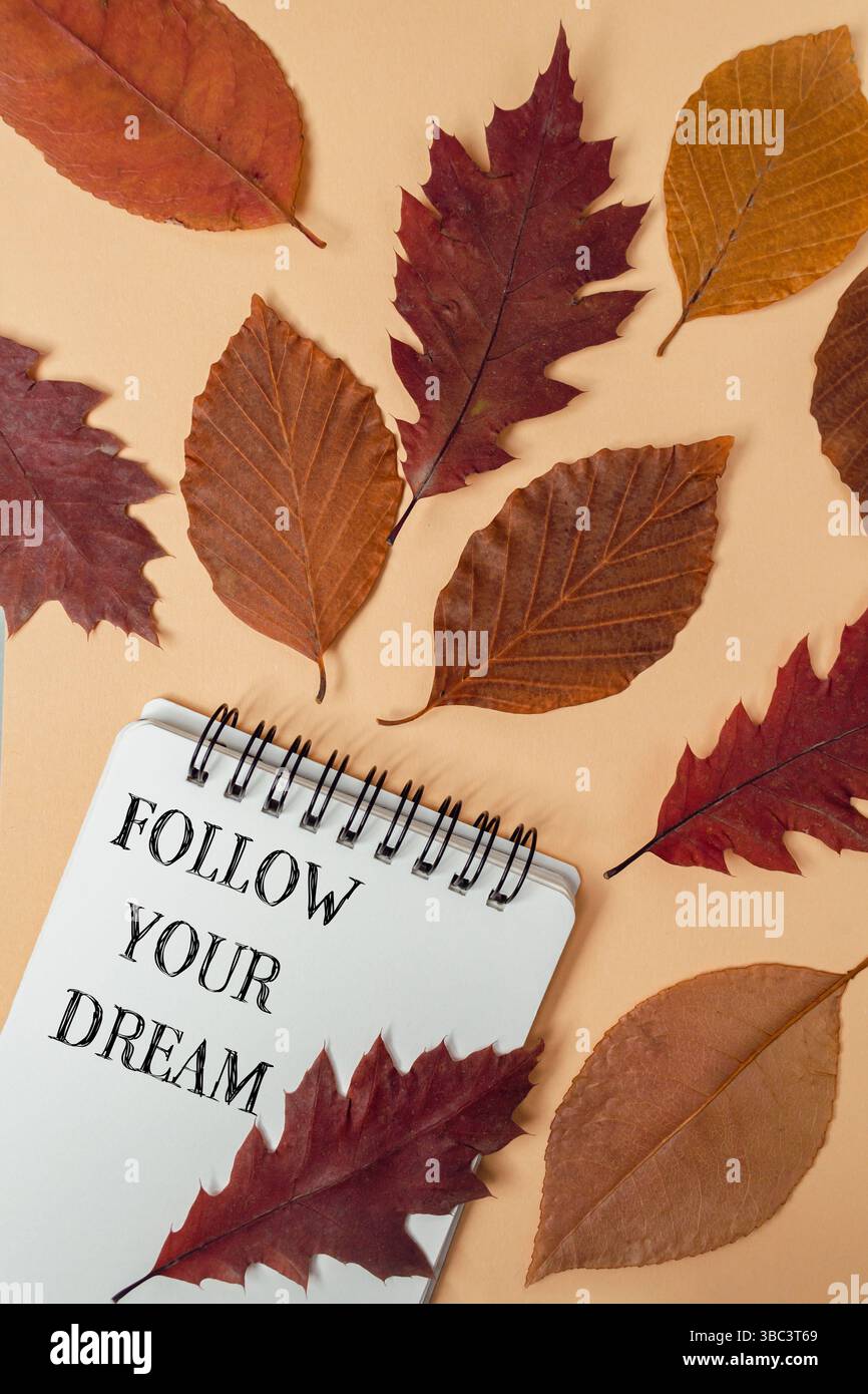 Quaderno con rilegatura a spirale e pagina con una foglia. La foglia ha le parole che seguono il tuo sogno scritte su di esso Foto Stock