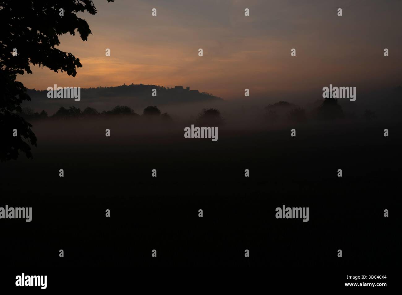 Nebbia al sorgere del sole con il castello di Weitenburg sullo sfondo nel paesaggio della valle del Neckar vicino a Rottenburg am Neckar in Germania. Foto Stock