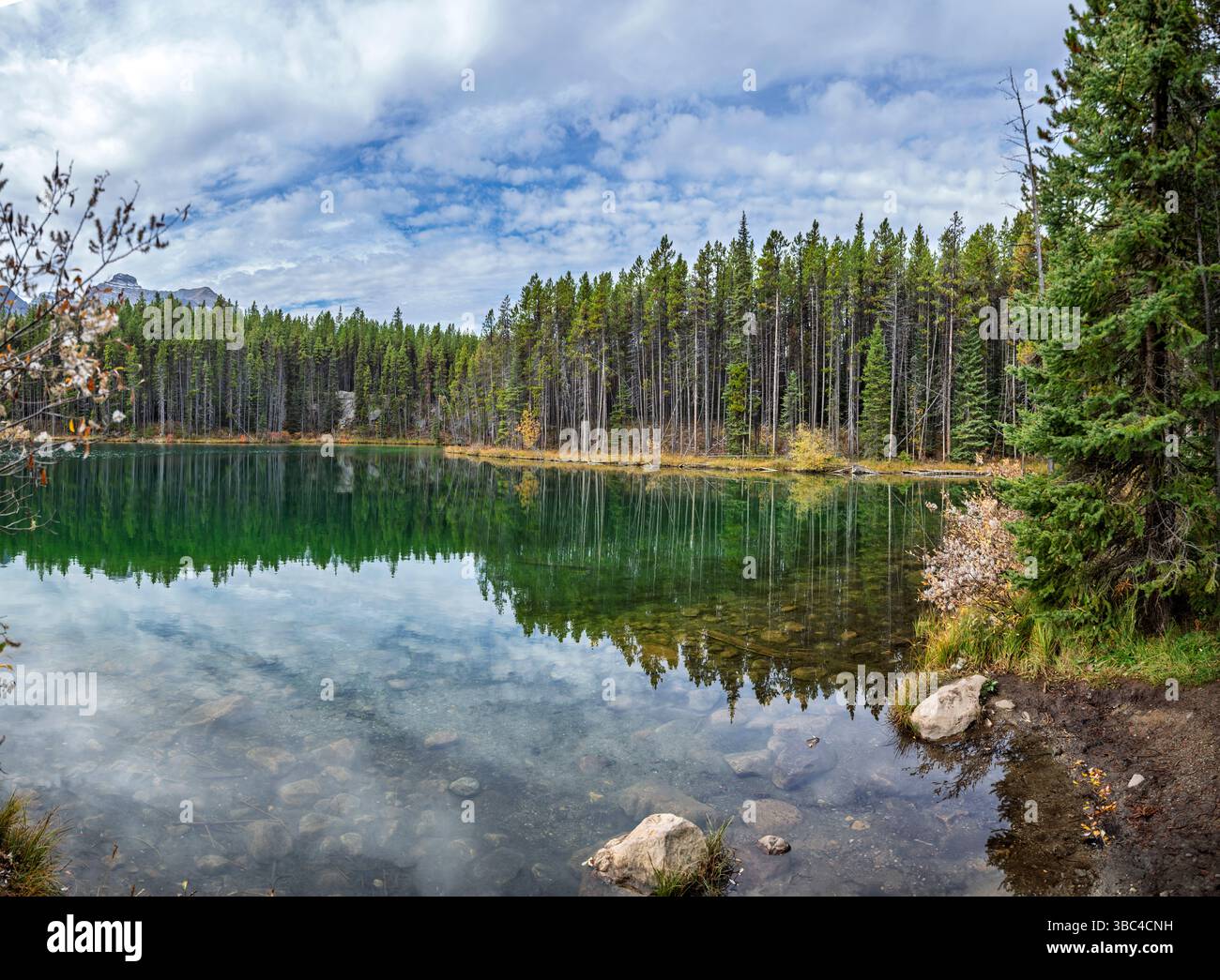Lago Emerald nel parco nazionale di Yoho, Canada. Uno splendido lago alpino con acque turchesi, circondato da foreste lussureggianti e montagne maestose. Foto Stock