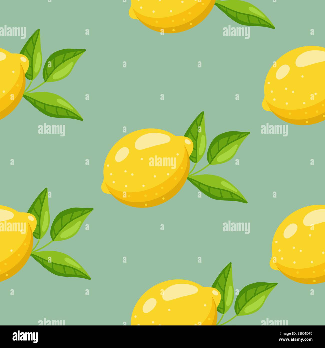 Semplice motivo vettoriale senza cuciture con limoni gialli luminosi e foglie verdi disposte su uno sfondo di menta in uno stile piatto. Illustrazione Vettoriale