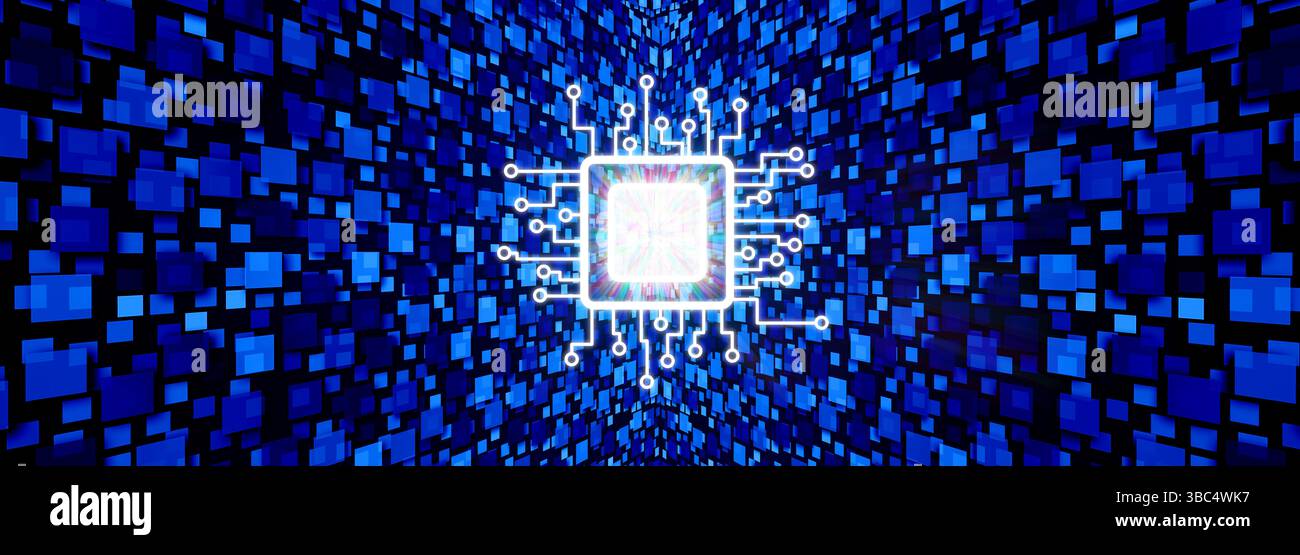 microchip semiconductor Processor Technology come concetto di industria della CPU che rappresenta tecnologia informatica o chip di computer e hardware o nanotecnologia di intelligenza artificiale Foto Stock