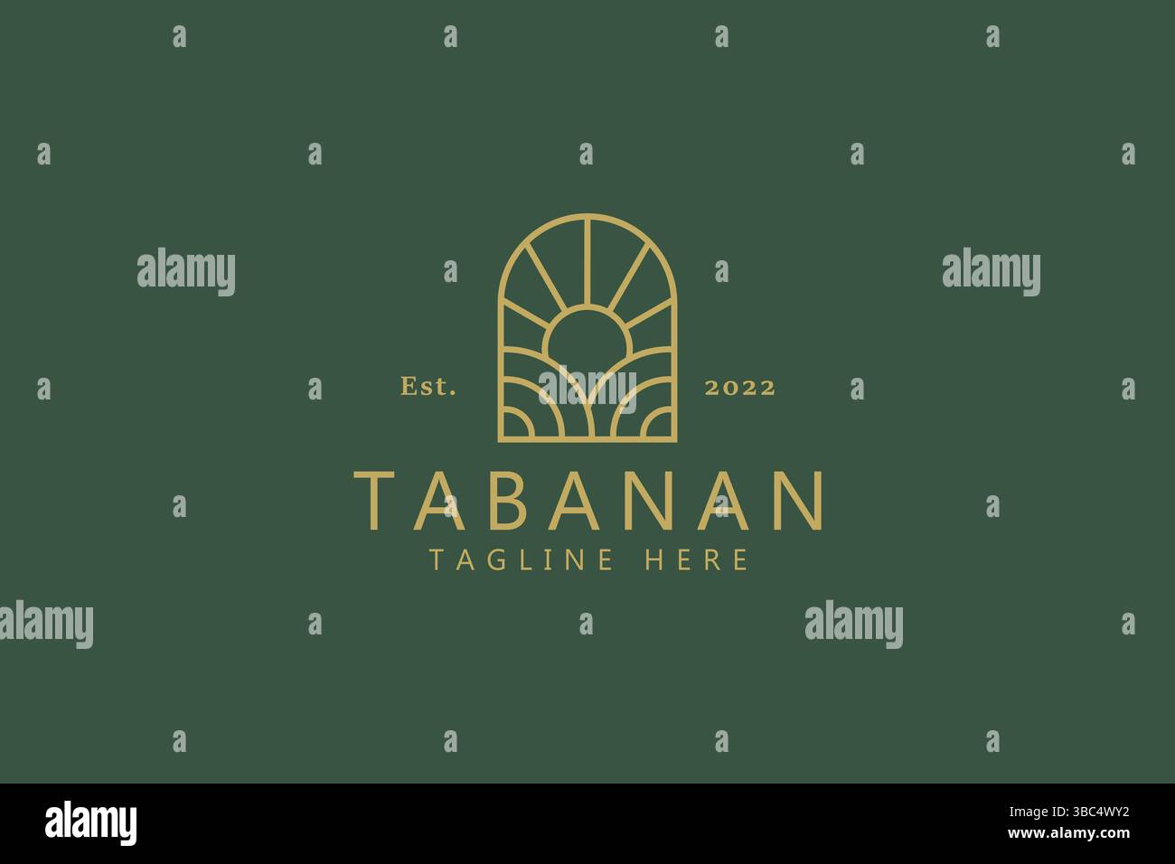 Logo Farm Field Sunrise sulla forma del telaio della finestra. Simbolo creativo per l'agricoltura Natural Business. Illustrazione Vettoriale