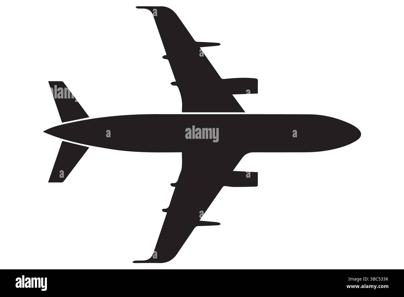 Silhouette dell'icona nera dell'aeroplano su bianco Illustrazione Vettoriale