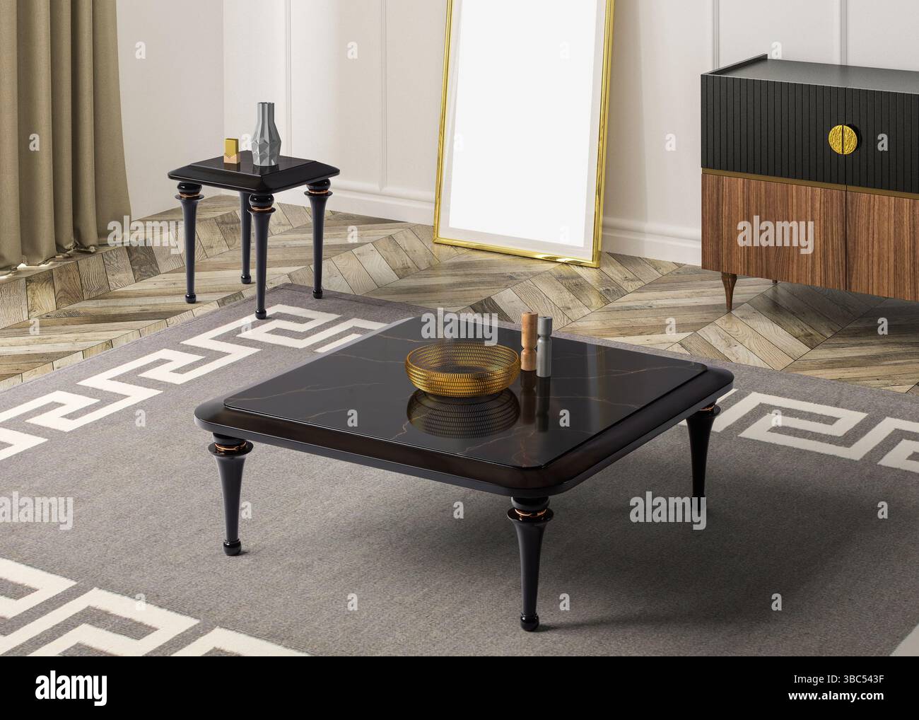 Tavolino interno con rendering 3D. Decorato Foto Stock Tavolino interno con rendering 3D. Decorato Foto Stock