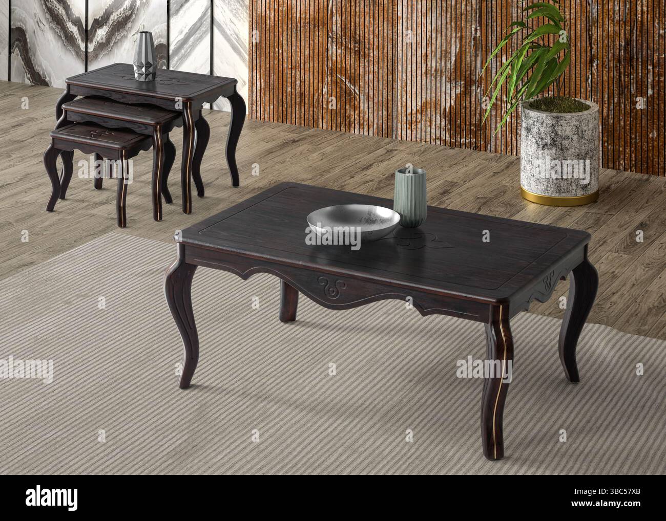 Tavolino interno con rendering 3D. Decorato Foto Stock Tavolino interno con rendering 3D. Decorato Foto Stock