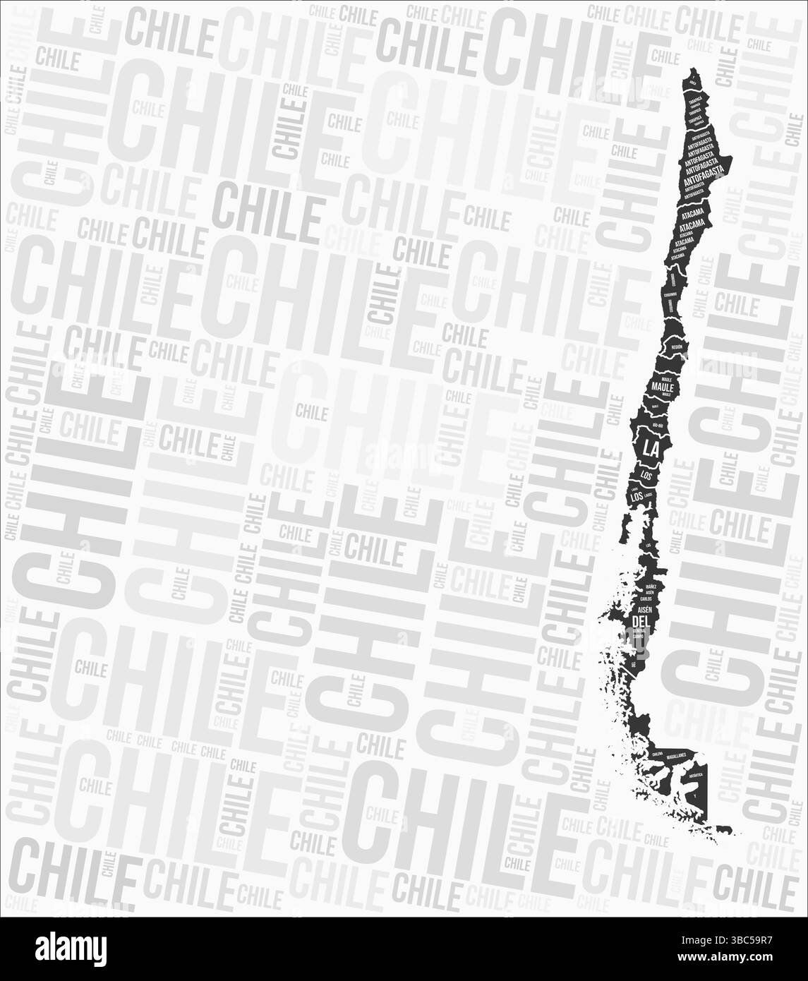 Le regioni del Cile mappano Word cloud. Nomi delle regioni del Cile. Design della mappa in bianco e nero. Illustrazione vettoriale VIBRANT. Illustrazione Vettoriale