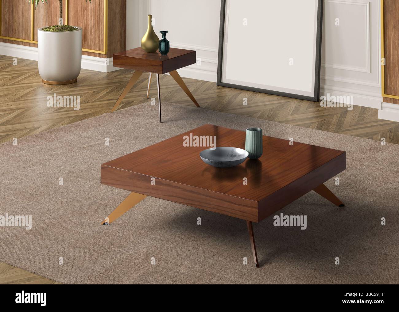 Tavolino interno con rendering 3D. Decorato Foto Stock Tavolino interno con rendering 3D. Decorato Foto Stock