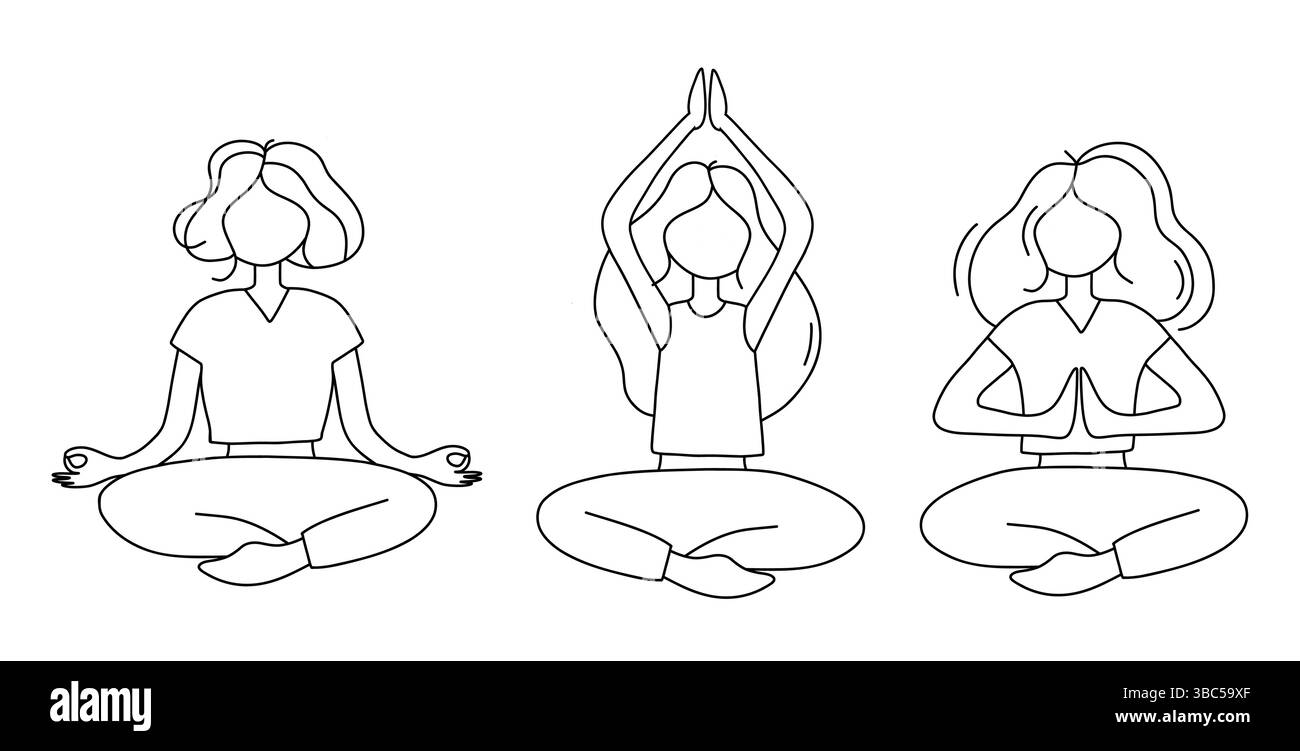 Line Art di tre individui che praticano Yoga e Meditazione in varie pose Illustrazione Vettoriale