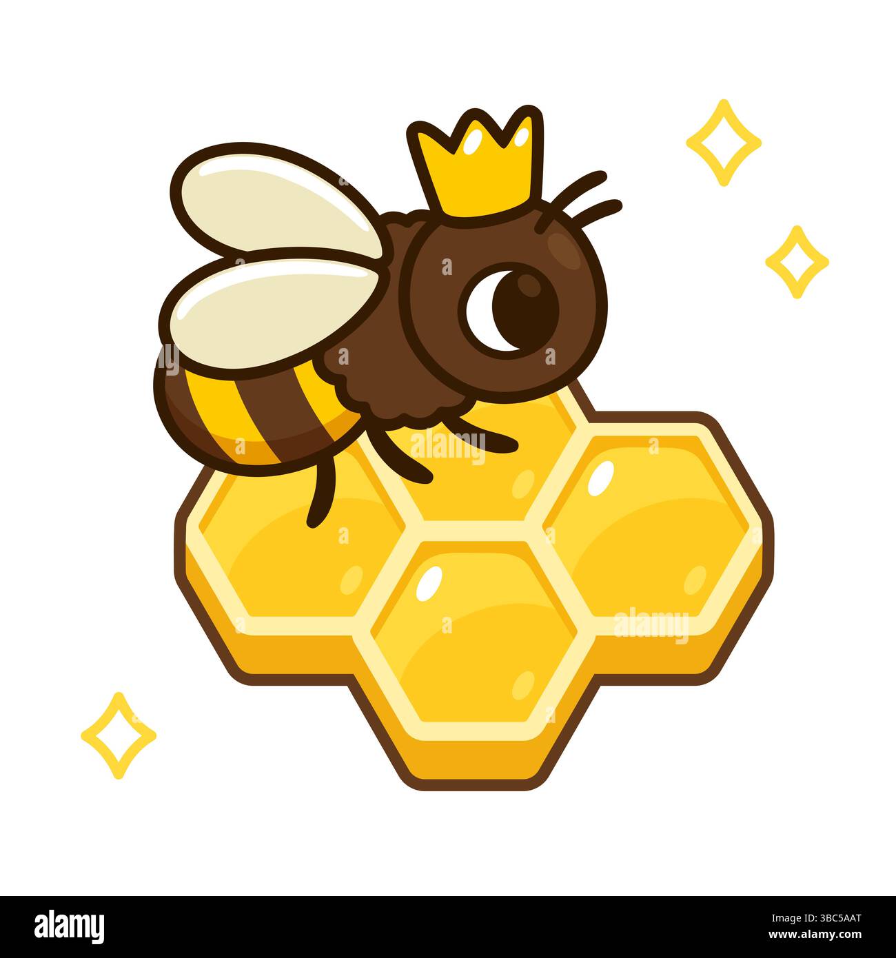 Carino cartoni animati Queen bee su favo. Illustrazione grafica clip vettoriale a nido d'ape. Illustrazione Vettoriale