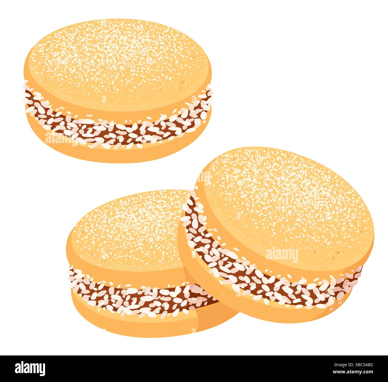 Alfajor de maicena, tradizionali biscotti cileni ripieni di manjar (dulce de leche), spolverati con zucchero a velo e fiocchi di cocco. Isolato Illustrazione Vettoriale