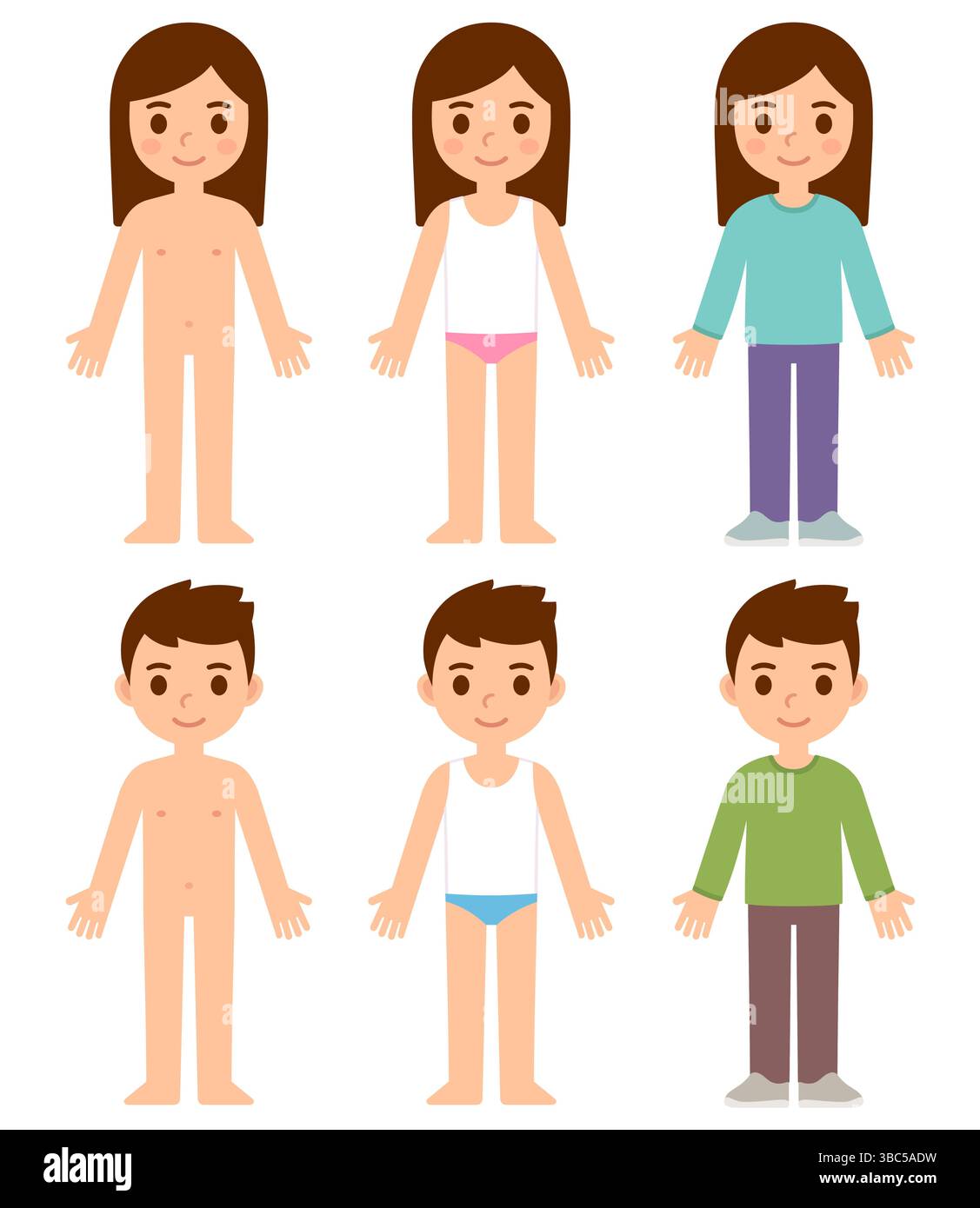 Simpatici bambini cartoni animati nudi, in biancheria intima e vestiti. Bambino e ragazza che si vestono. Illustrazione vettoriale isolata. Illustrazione Vettoriale