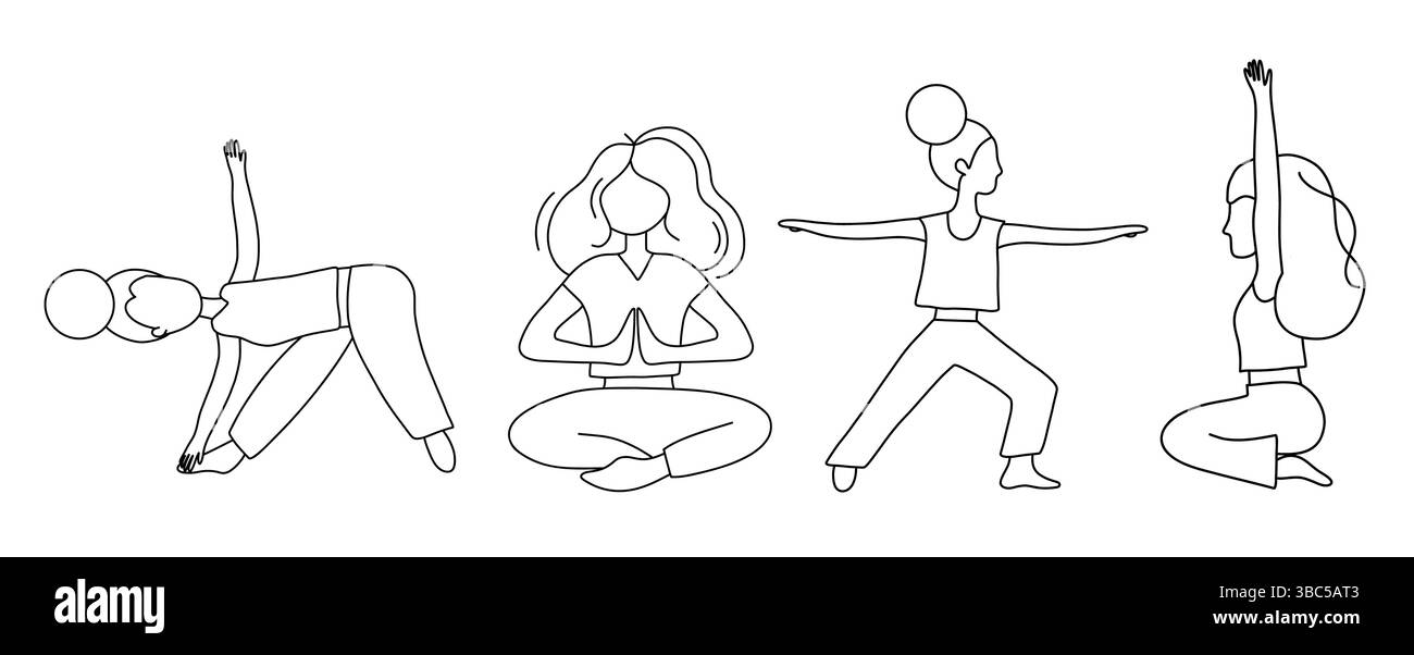 Line Art illustrazioni di pose yoga in varie posizioni rilassanti Illustrazione Vettoriale