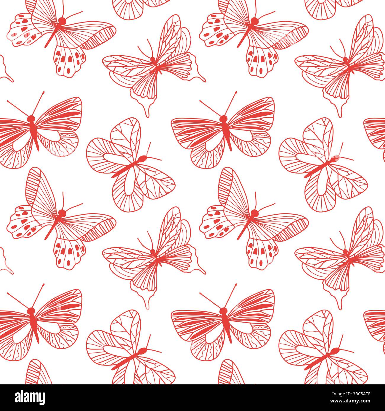 Motivo senza cuciture di farfalle rosse decorative su sfondo bianco Illustrazione Vettoriale