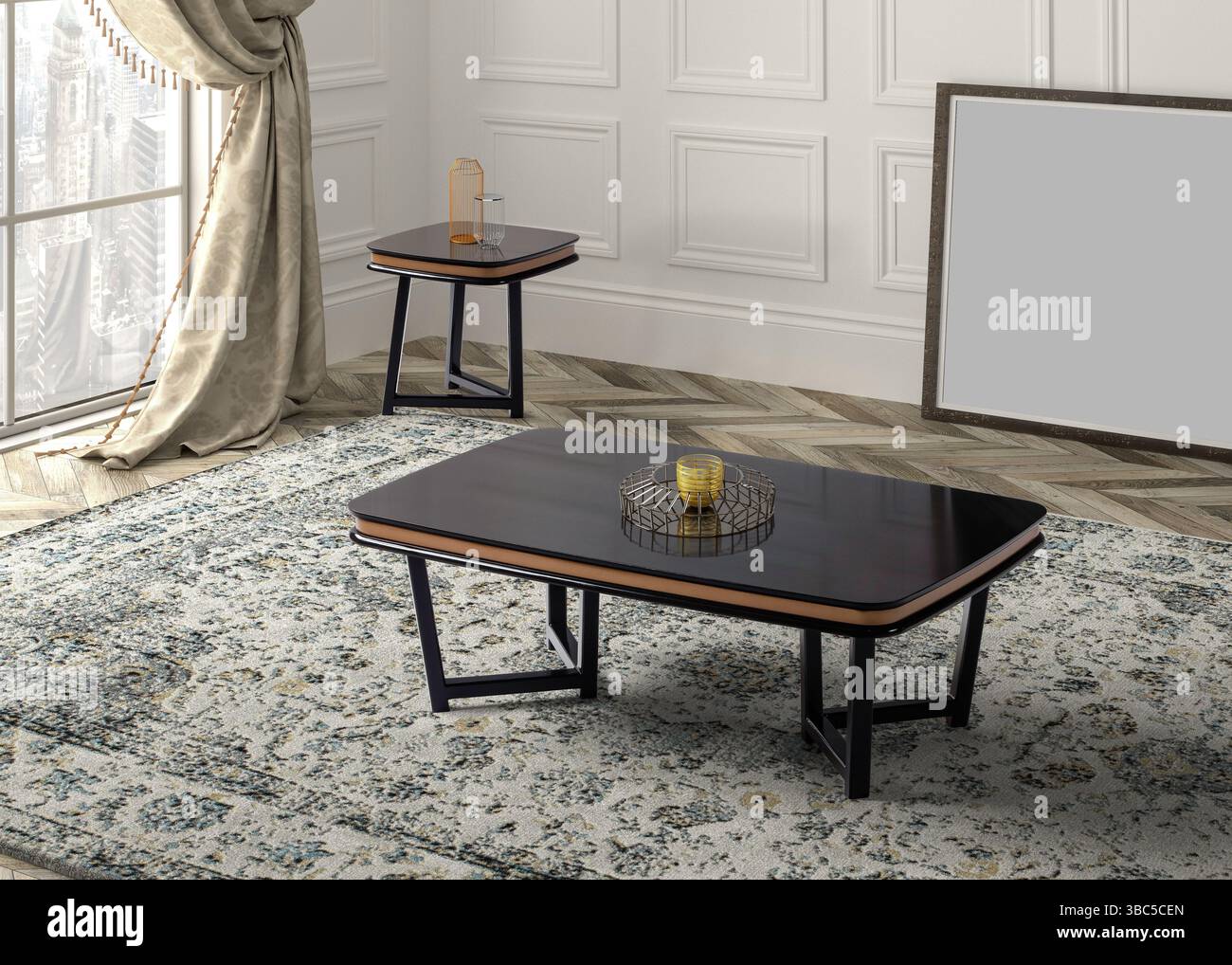 Tavolino interno con rendering 3D. Decorato Foto Stock Tavolino interno con rendering 3D. Decorato Foto Stock