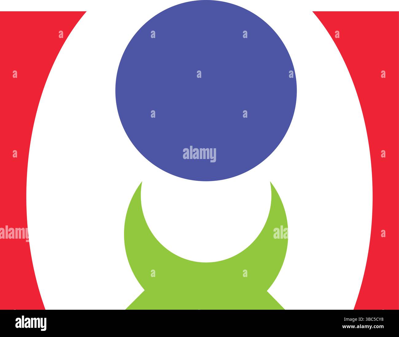 Logo geometrico astratto, moderna grafica vettoriale colorata con cerchio blu rotante, Mezzaluna verde dinamica e forme rosse mobili su sfondo bianco Illustrazione Vettoriale
