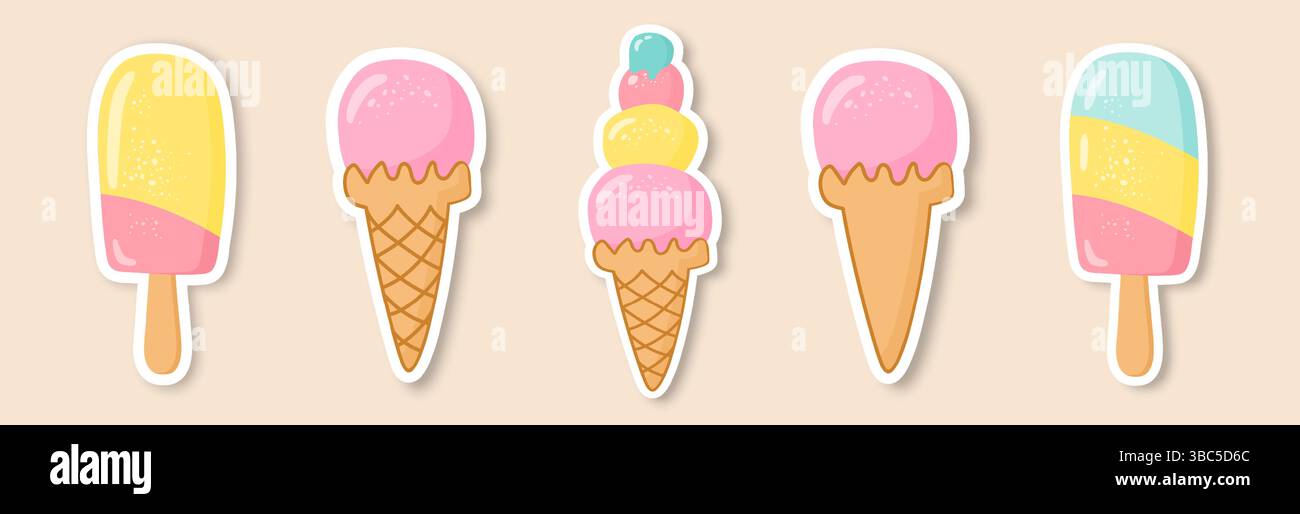 Un set di gelati di diverse forme su sfondo giallo. Illustrazione Vettoriale