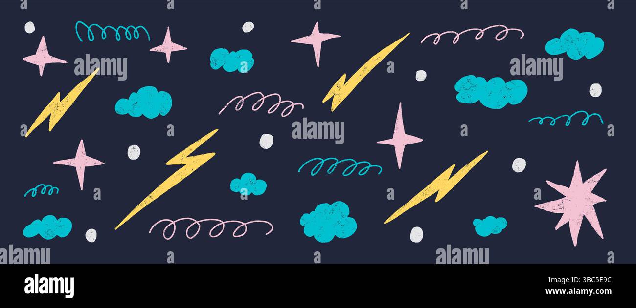 Cielo notturno pastello. Nuvole, stelle e Lightning Pack ingenui disegnati a mano. Elementi testurizzati gesso bambini. Simboli meteorologici pastello nuvolosi. Carbone vettoriale Illustrazione Vettoriale