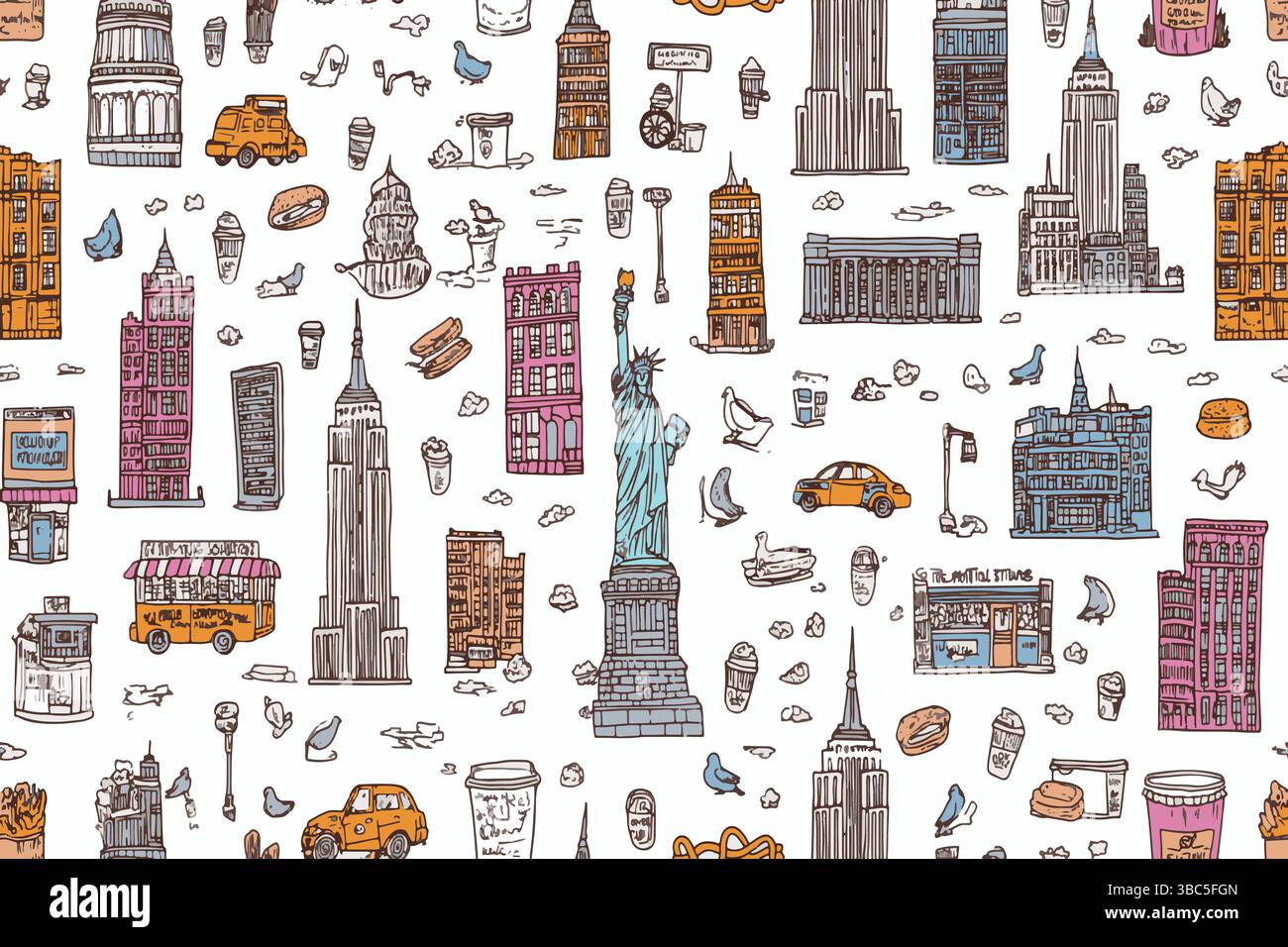 Elementi di New York City con motivo vettoriale senza cuciture. Statua della libertà, taxi gialli e pretzel. Perfetto per avvolgere la carta. Confezione, design regalo Illustrazione Vettoriale