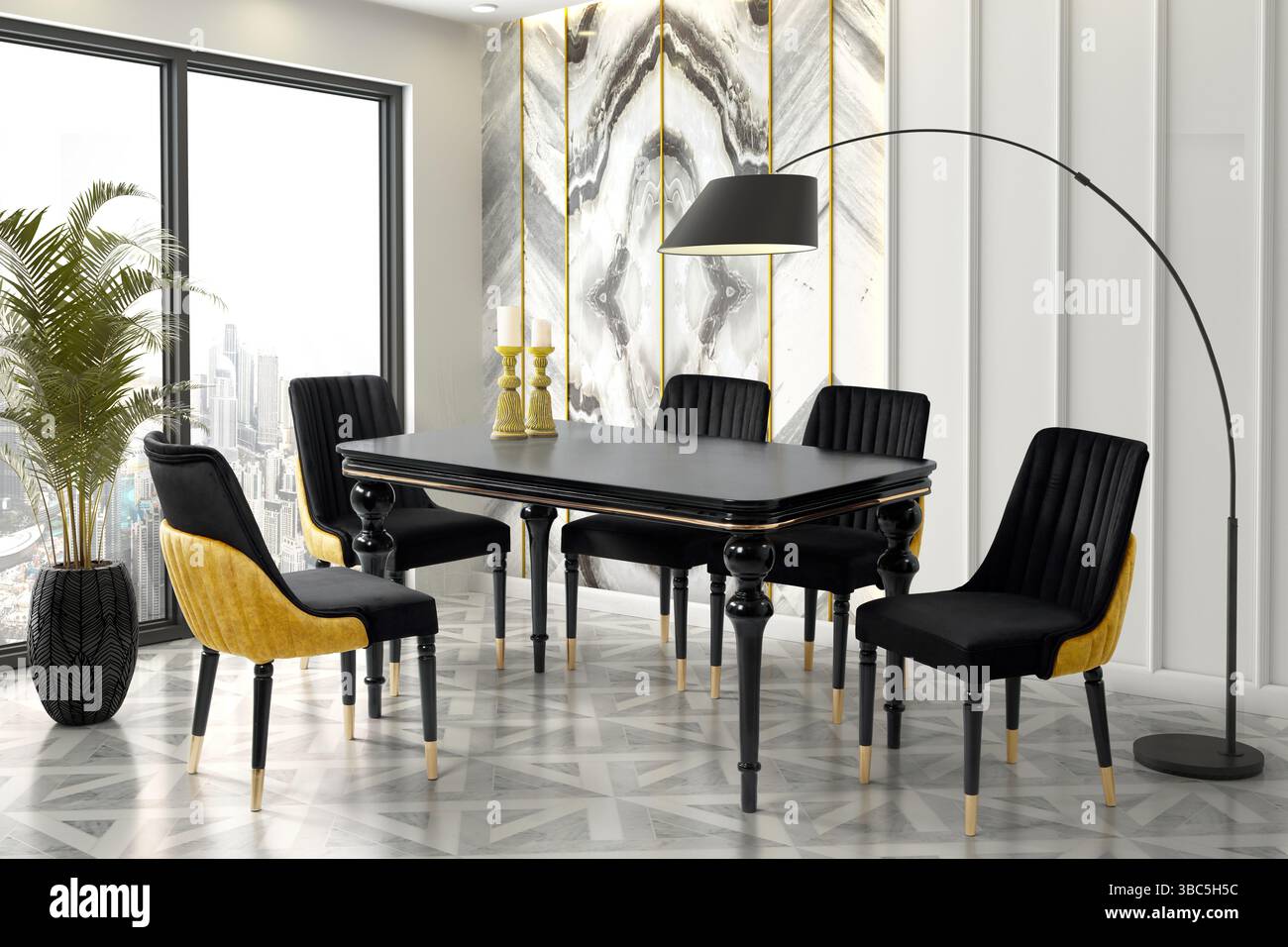 Rendering 3D degli interni moderni della sala da pranzo. design degli interni. tavolo da pranzo Foto Stock Rendering 3D degli interni moderni della sala da pranzo. design degli interni. tavolo da pranzo Foto Stock