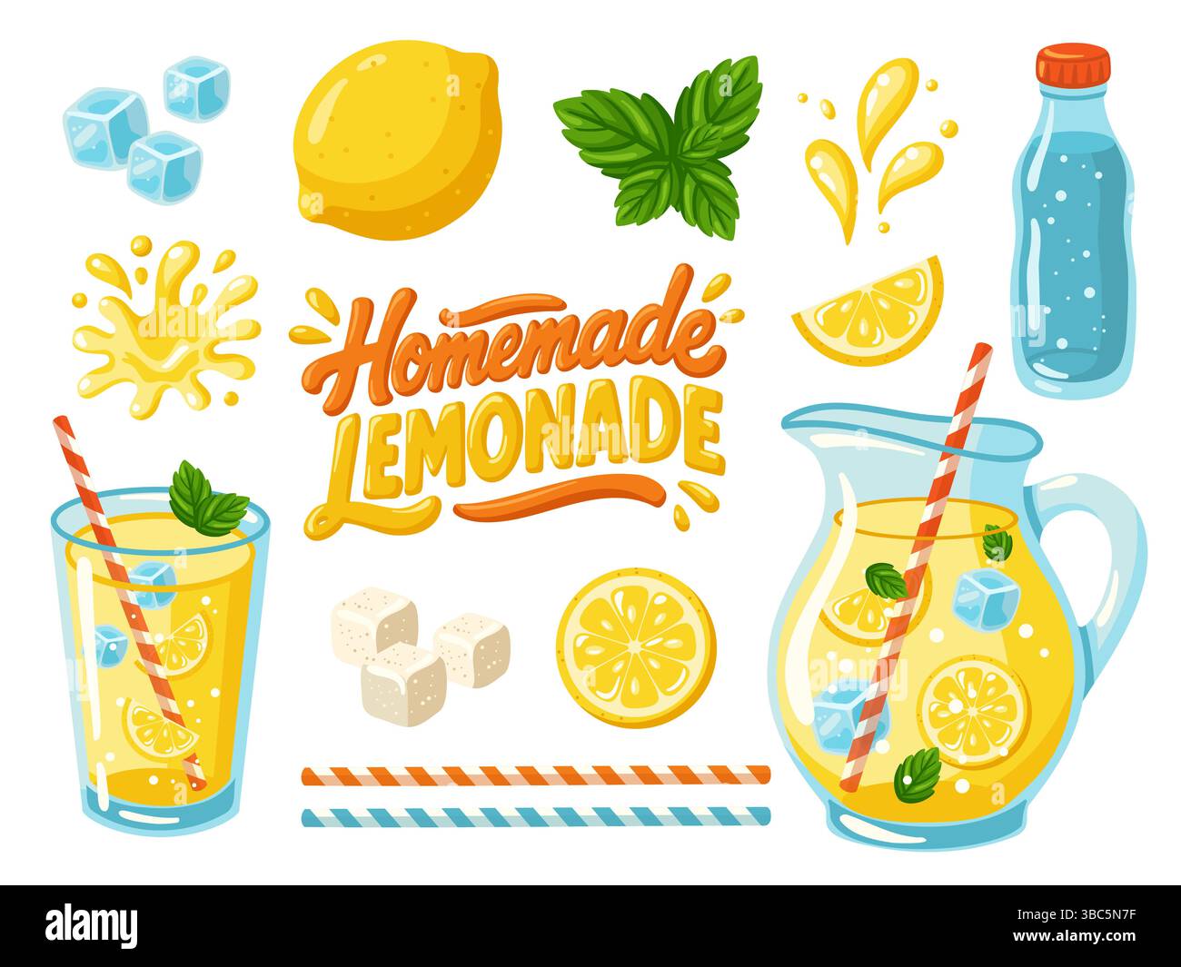 Ingredienti e bevande alla limonata fatti in casa con limone, menta, cubetti di ghiaccio, caraffa, bicchiere. Illustrazione vettoriale cartoni animati Illustrazione Vettoriale