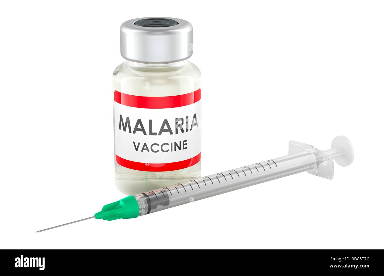Flaconcino di vaccino contro la malaria con siringa, rendering 3D isolato su sfondo bianco Foto Stock