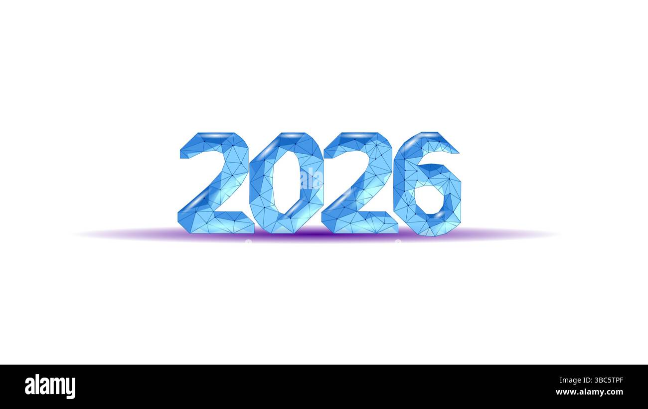 Illustrazione blu del numero di 2026 anni. Mesh geometrica e nodi luminosi. Inviti a eventi di marketing per buon anno nuovo. Sfondo blu in stile poligonale Illustrazione Vettoriale