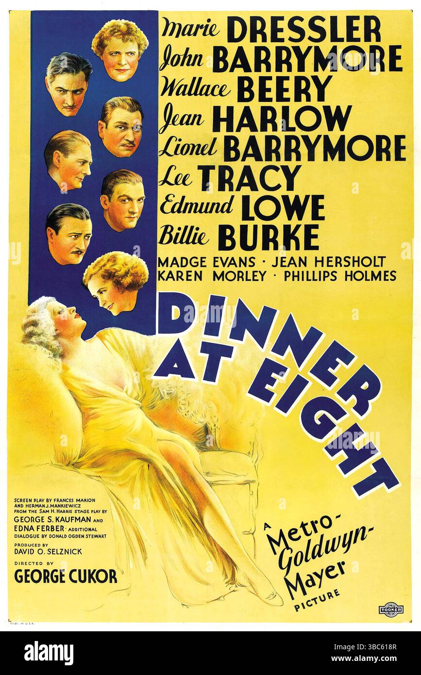 Poster del 1933 per il film "Dinner at Eight" diretto da George Cukor. Questa commedia-dramma pre-codice, basata su un'opera teatrale di George S. Kaufman ed Edna Ferber, con Marie Dressler, John e Lionel Barrymore, Wallace Beery e Jean Harlow Foto Stock