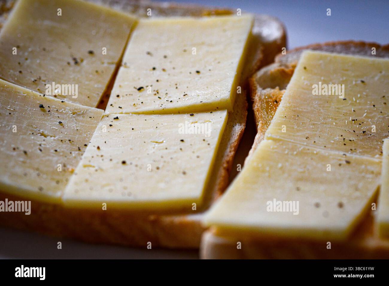 Formaggio sul pane tostato con sale e pepe non fuso Foto Stock