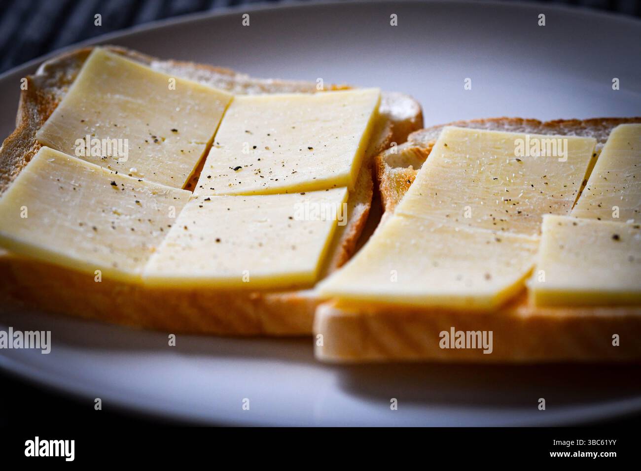 Formaggio sul pane tostato con sale e pepe non fuso Foto Stock