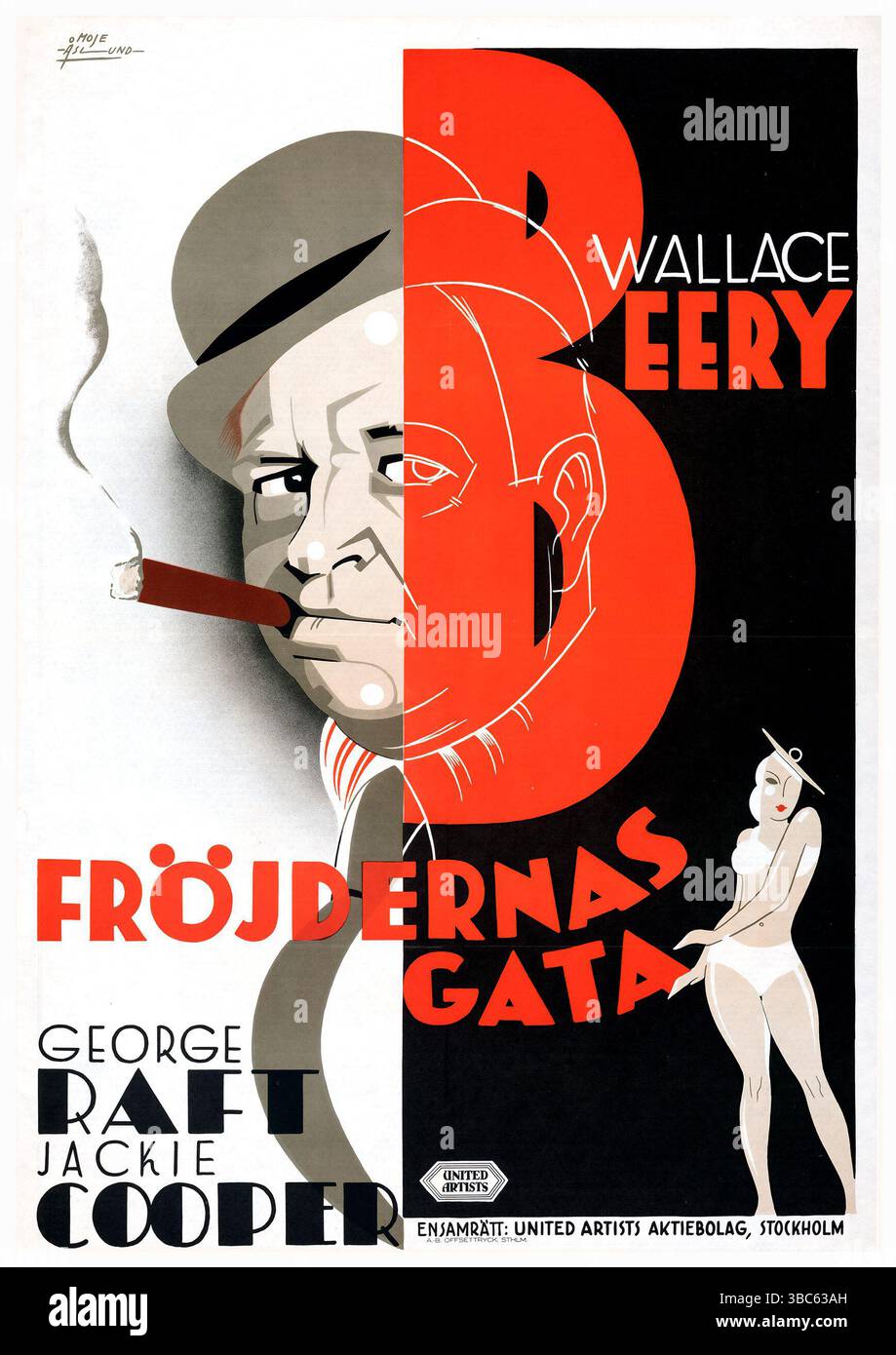Poster svedese del 1933 del film "The Bowery", intitolato "Fröjdernas Gata" in Swedishdiretto da Raoul Walsh e interpretato da Wallace Beery e George Raft. Opera di Moje Åslund Foto Stock