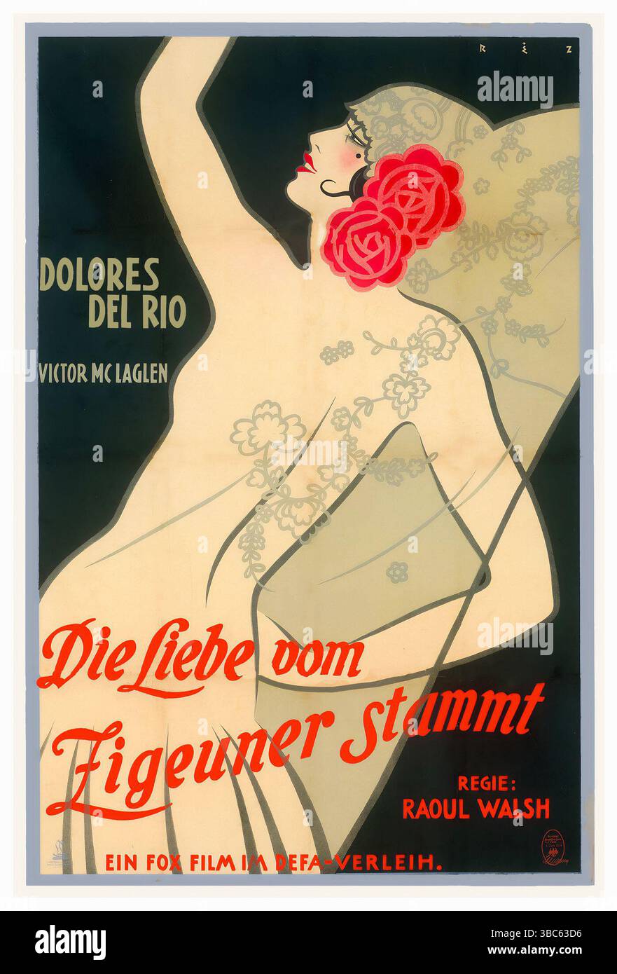 Poster tedesco del 1927 per il film muto "gli amori di Carmen", "Die Liebe vom Zigeuner stammt" in tedesco. Diretto da Raoul Walsh e interpretato da Dolores del Río nel ruolo di Carmen e Victor McLaglen nel ruolo di Escamillo. Opera d'arte Réz-Diamant (nota anche come Tibor Rez) Foto Stock