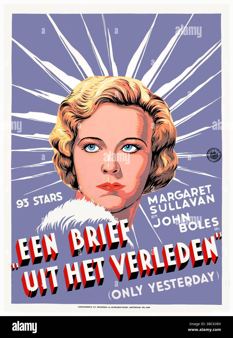 Un poster per il film americano pre-Code del 1933 Only Yesterday, diretto da John M. Stahl. È interpretato da Margaret Sullavan e John Boles. Il titolo olandese "Een Brief uit het Verleden" si traduce in "Una lettera del passato”. Foto Stock