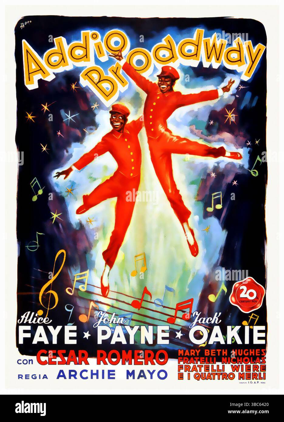 Poster 1941 per l'uscita italiana del film musicale "The Great American Broadcast", intitolato "addio Broadway" in italiano. Il poster mostra le stelle del film, Alice Faye, Jack Payne, diretto da Archie Mayo. Opera di Zappo Foto Stock