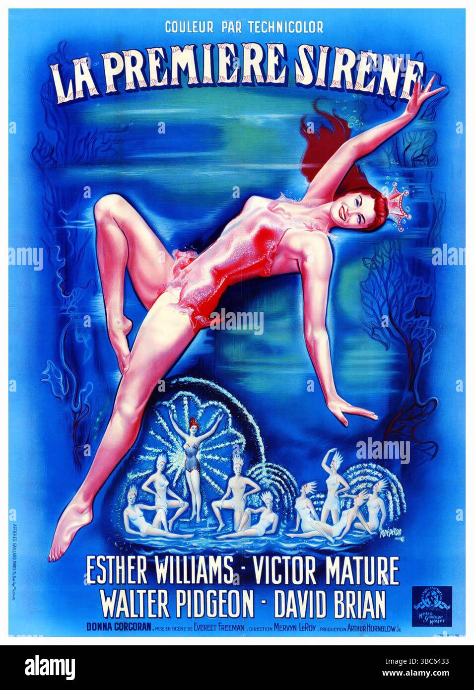 Poster francese del 1952 per il film "Million Dollar Mermaid", "la Premiere Sirene" in francese. È un dramma musicale biografico sulla nuotatrice australiana Annette Kellerman, interpretata da Esther Williams. Direttore: Mervyn LeRoy. Poster di Rene Peron Foto Stock