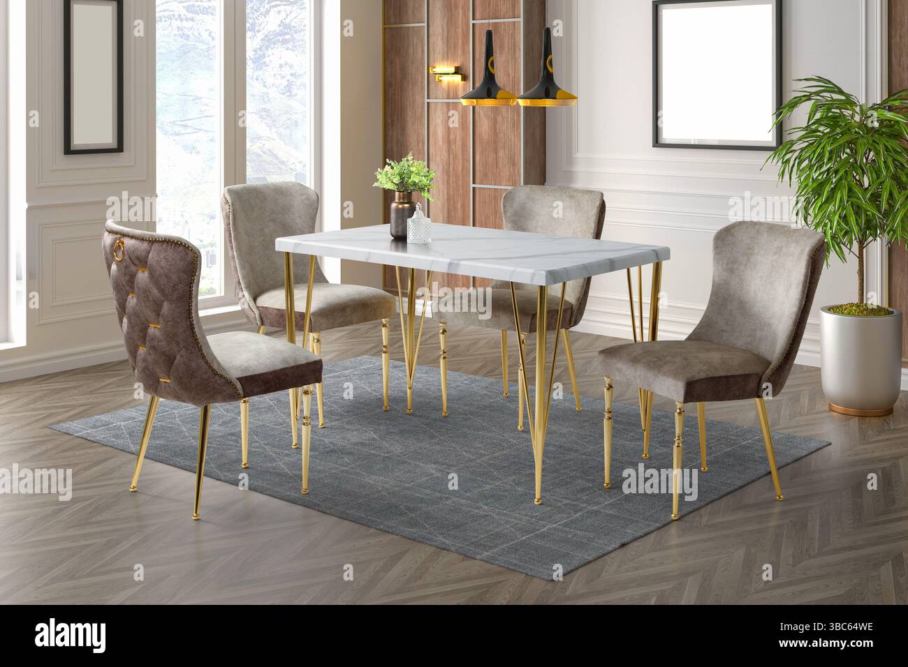 Rendering 3D degli interni moderni della sala da pranzo. design degli interni. tavolo da pranzo Foto Stock Rendering 3D degli interni moderni della sala da pranzo. design degli interni. tavolo da pranzo Foto Stock