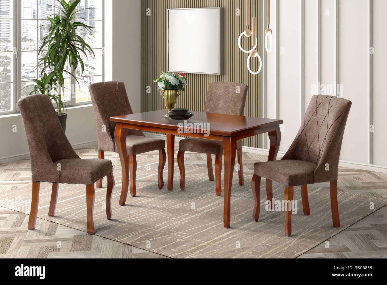 Rendering 3D degli interni moderni della sala da pranzo. design degli interni. tavolo da pranzo Foto Stock Rendering 3D degli interni moderni della sala da pranzo. design degli interni. tavolo da pranzo Foto Stock