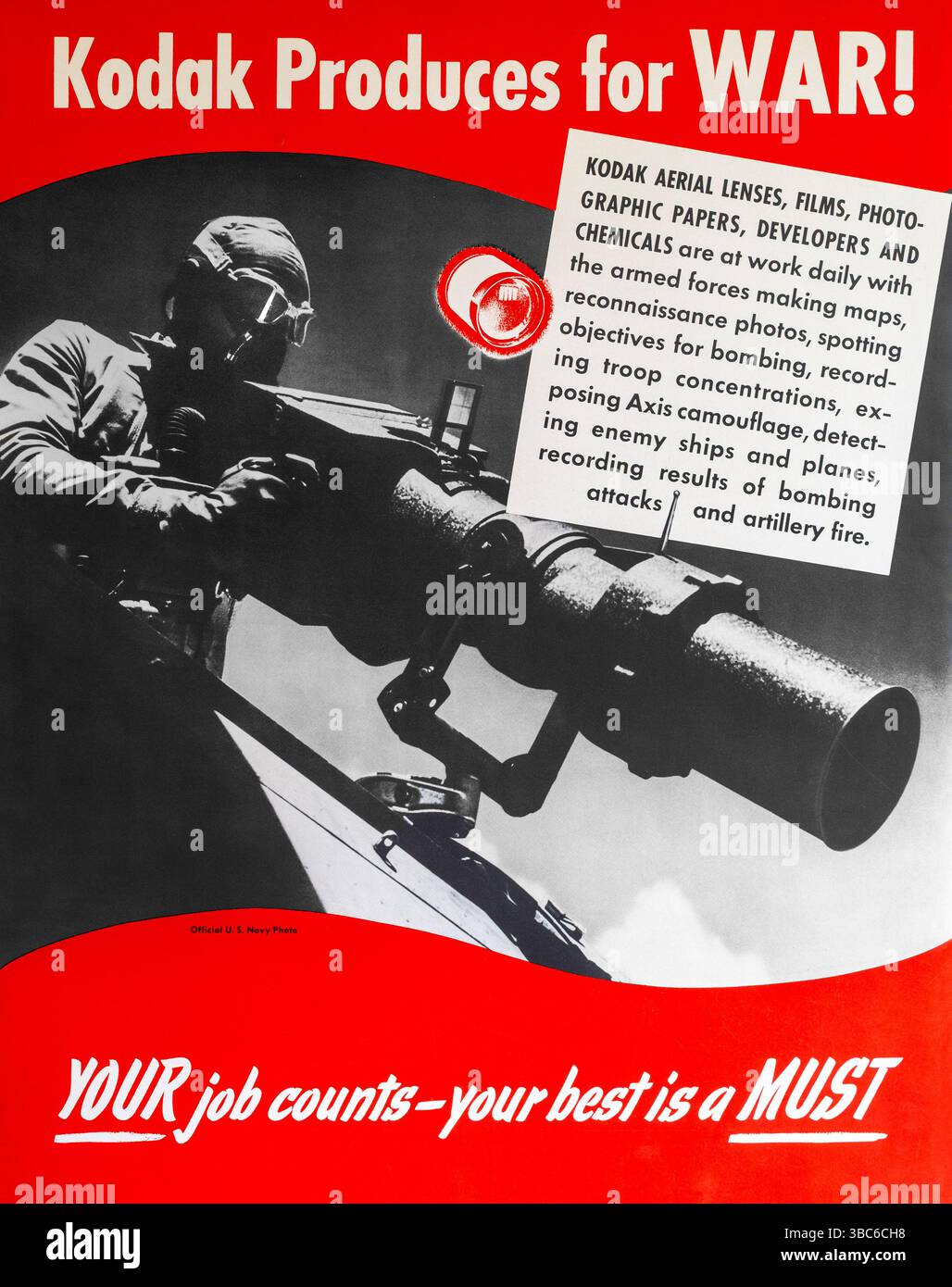Un poster Kodak della seconda guerra mondiale del 1942 che mostra un fotografo che utilizza un'enorme macchina fotografica da ricognizione su un aereo ad alta quota. Foto Stock