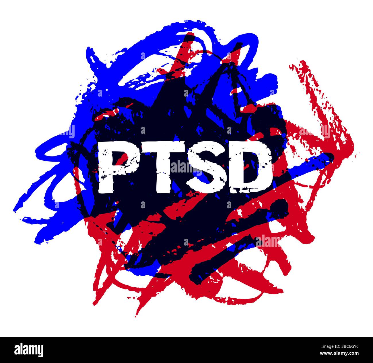 Rappresentazione artistica astratta del PTSD con pennelli rossi e blu caotici Illustrazione Vettoriale