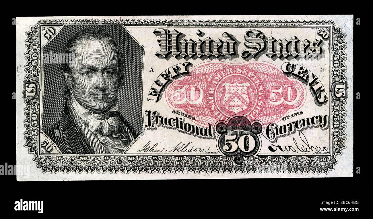 Una banconota da 50 centesimi con William Crawford, politico americano Foto Stock