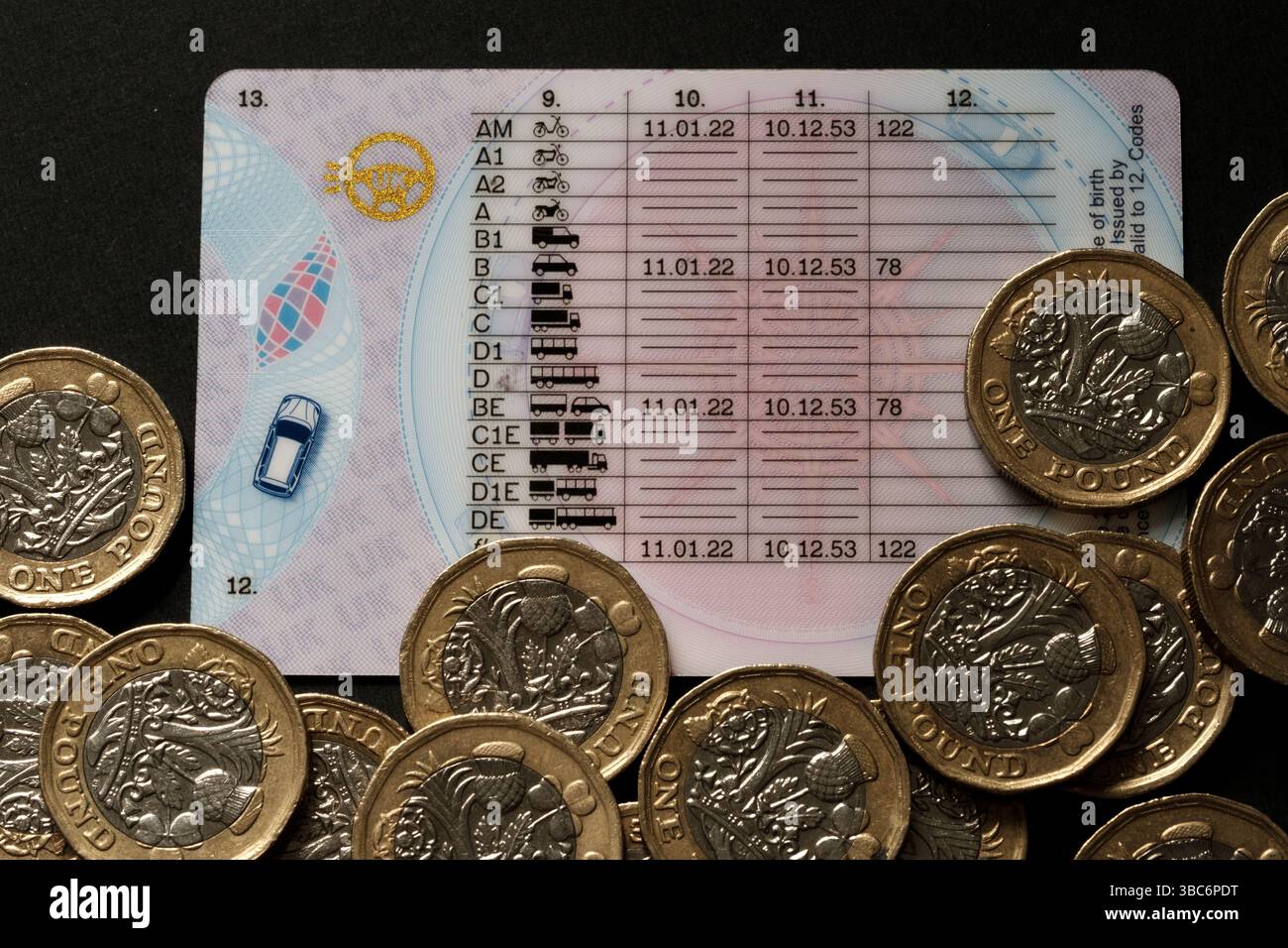 Patente di guida del Regno Unito che mostra le categorie di veicoli e le date di validità circondate da monete inglesi da una sterlina sulla superficie nera, simboleggiando la guida legale e la fi Foto Stock