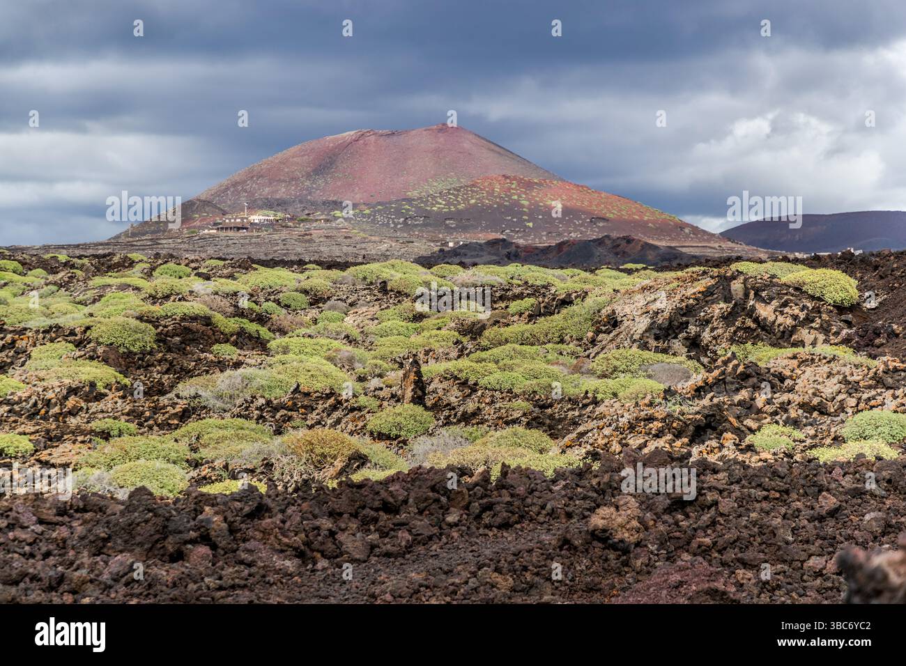 Terreno vulcanico vicino a El Golfo su Lanzarote. Un edificio sorge su un cono vulcanico rosso coperto da piccole piante. Il paesaggio è caratterizzato da rocce vulcaniche e vegetazione sparsa. Avenida Marítima, El Golfo, Canarias, Spagna Foto Stock