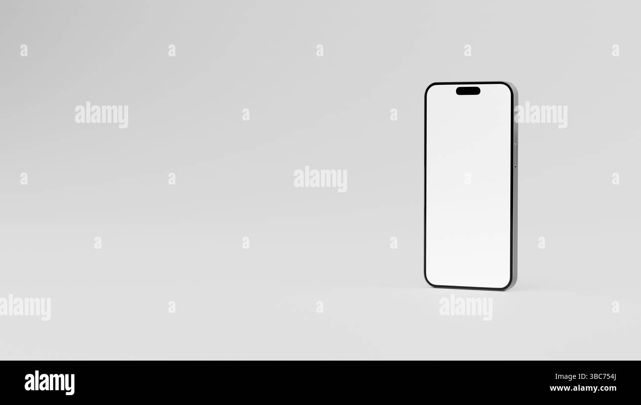 Rappresentazione 3D del telefono cellulare con illustrazione per il mock-up. Schermata vuota del riquadro dello smartphone su sfondo bianco. Per il mockup su sfondo chiaro. Modello per il luogo Foto Stock