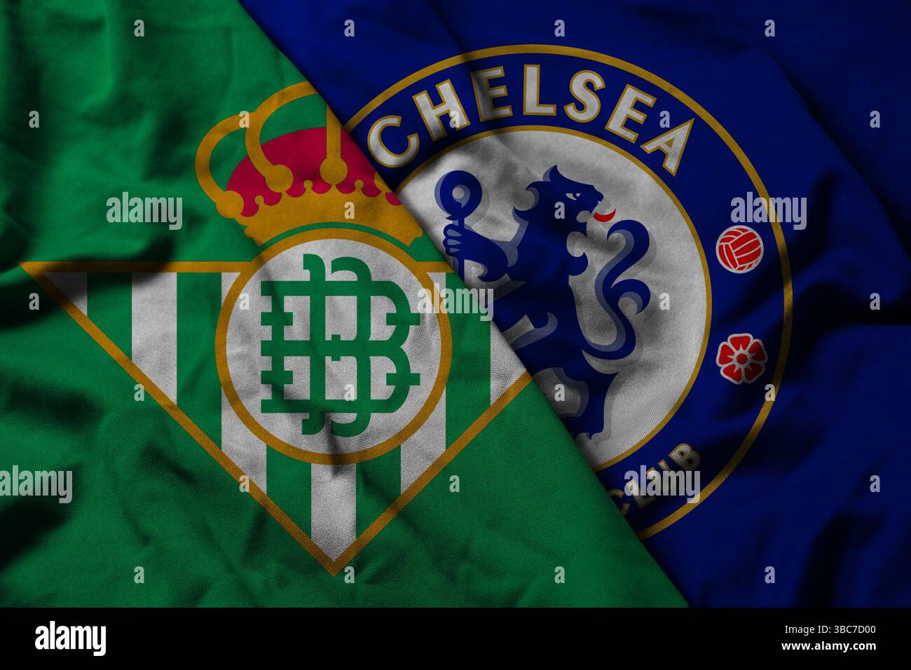 Pringsewu, Lampung; 19 maggio 2025; trama diagonale del logo della squadra di calcio Real Betis con una combinazione del logo della squadra di calcio del Chelsea. Foto Stock